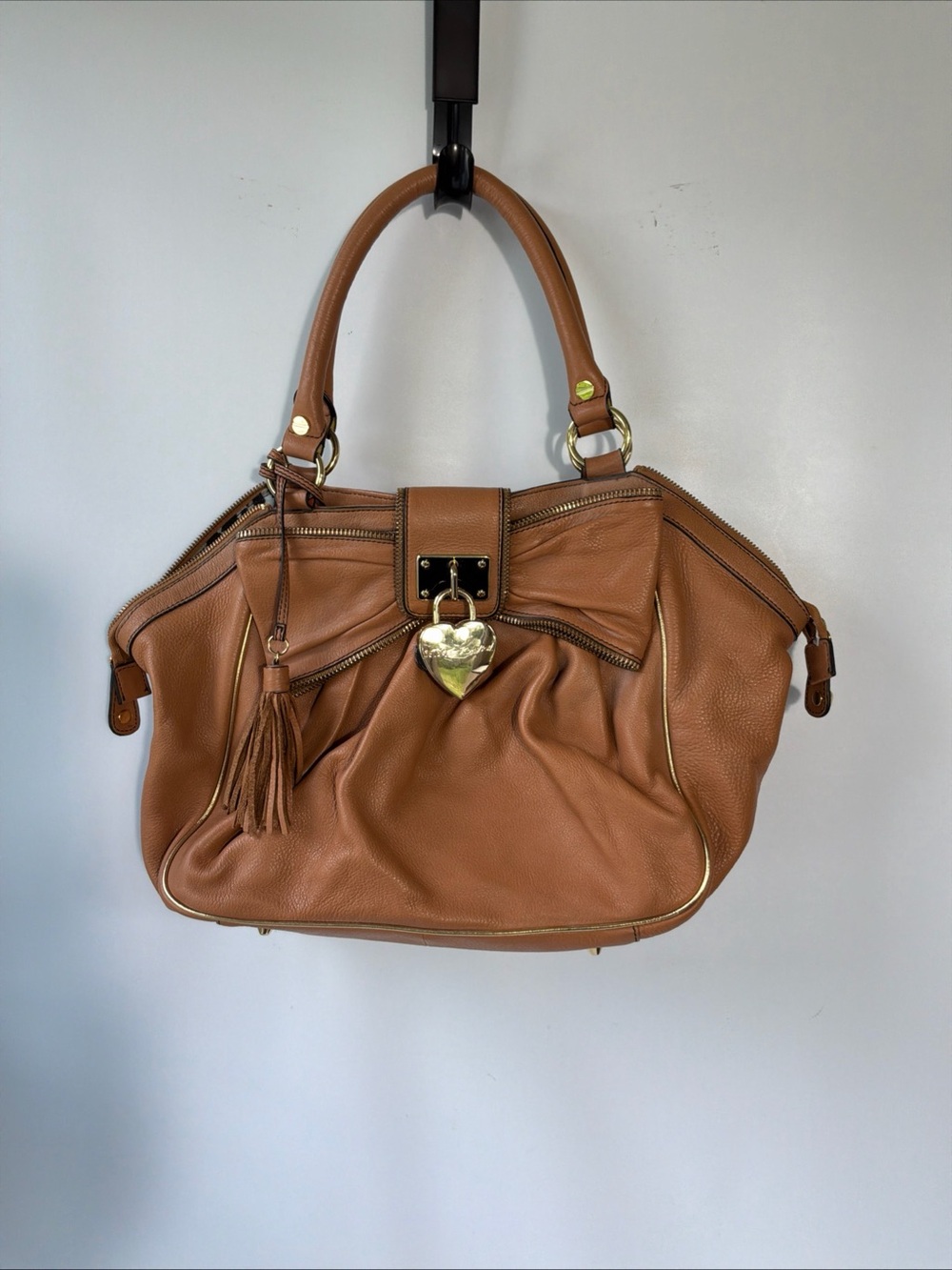 Vintage Betsey Johnson Brown Leather Shoulder Bag Lock In Love Locket